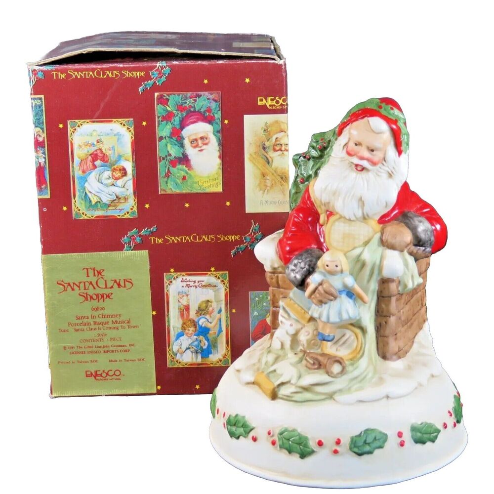 The Santa Claus Shoppe Enesco Santa In Chimney Porcelain Musical Figurine 1985